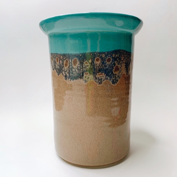 Kitchen Pottery Large Kitchen Utensil Jar Teal Blue Natural Brown For